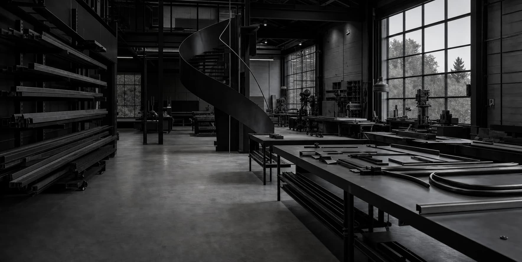 Black architectural metalwork workshop with a sculptural blackened steel staircase