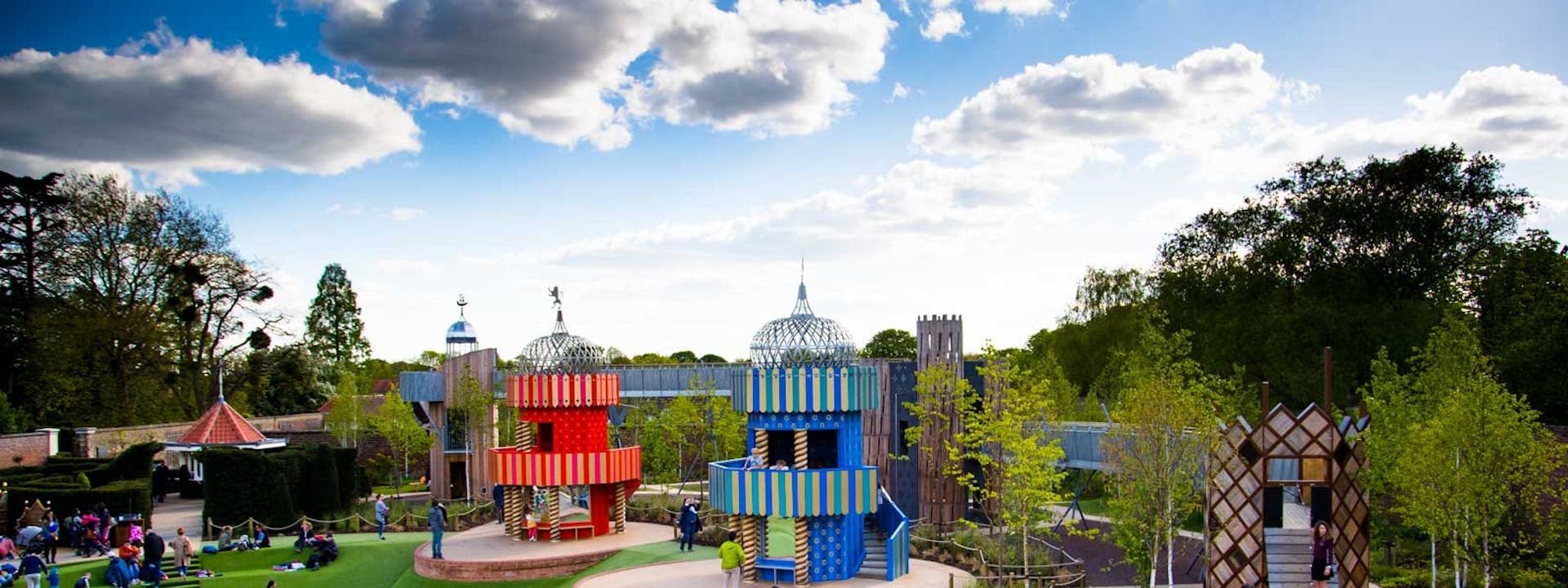 The Magic Garden at Hampton Court Palace with colourful play towers and elevated metal walkways