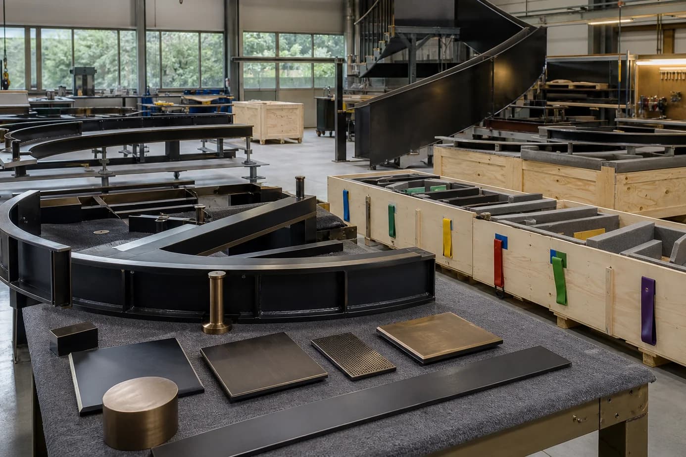 Clean architectural metalwork workshop with a sculptural steel staircase