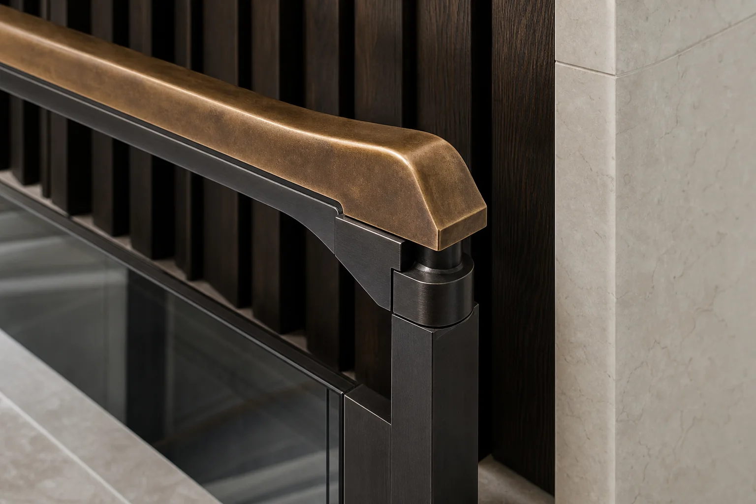 Close detail of a hand-finished architectural metal assembly