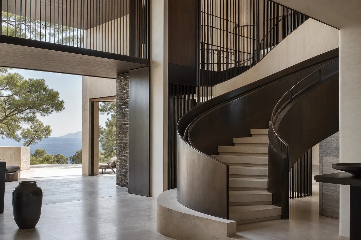 Sculptural architectural staircase suited to an international private residence