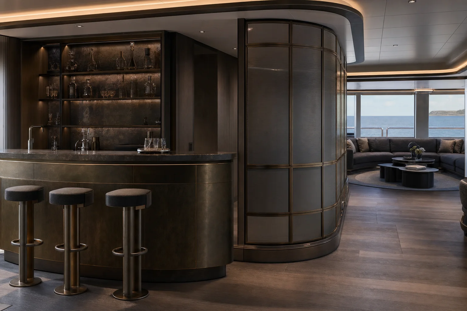 Confidential superyacht interior with bespoke architectural metalwork