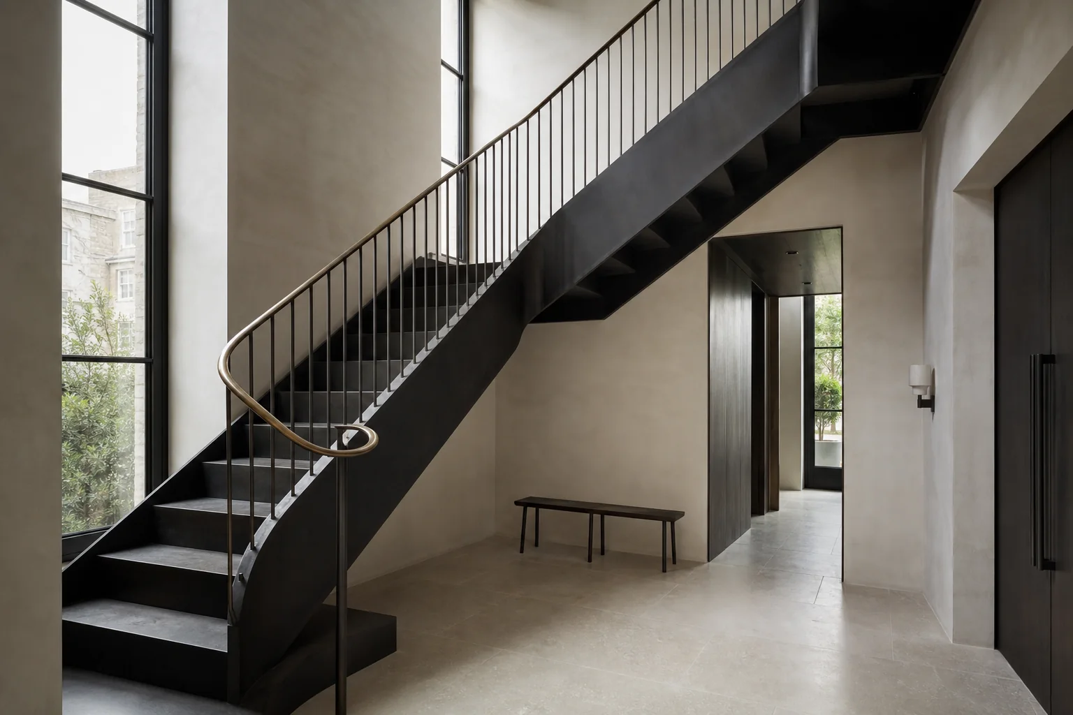 Blackened steel staircase with a finely detailed metal handrail