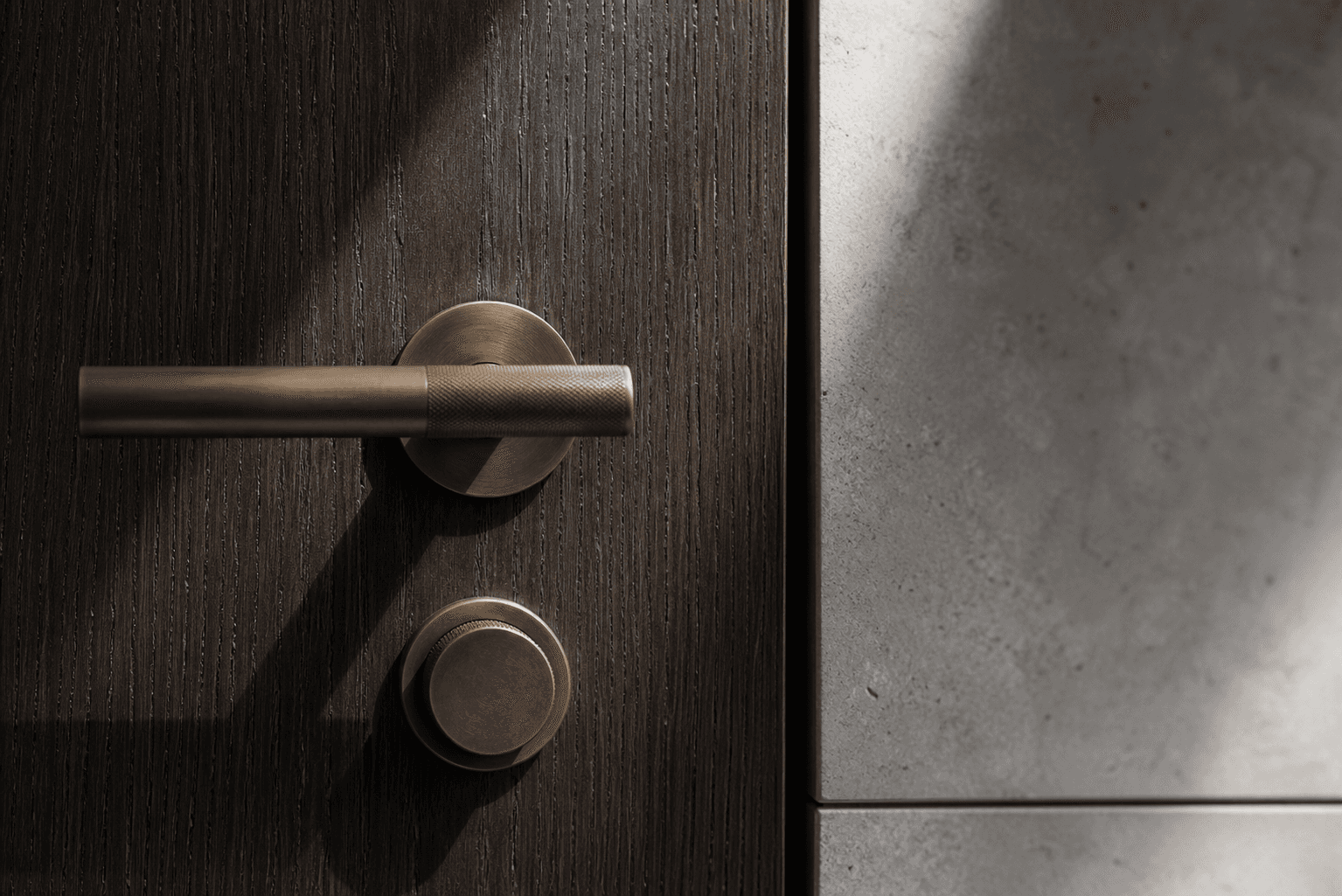 Precision bronze hardware coordinated with dark oak and stone
