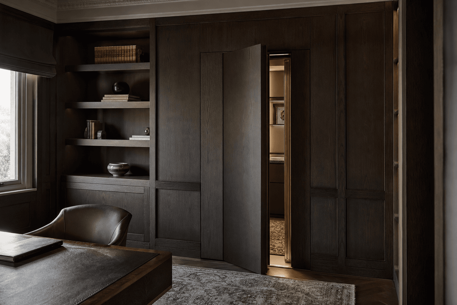 Concealed secure room entrance within dark oak joinery